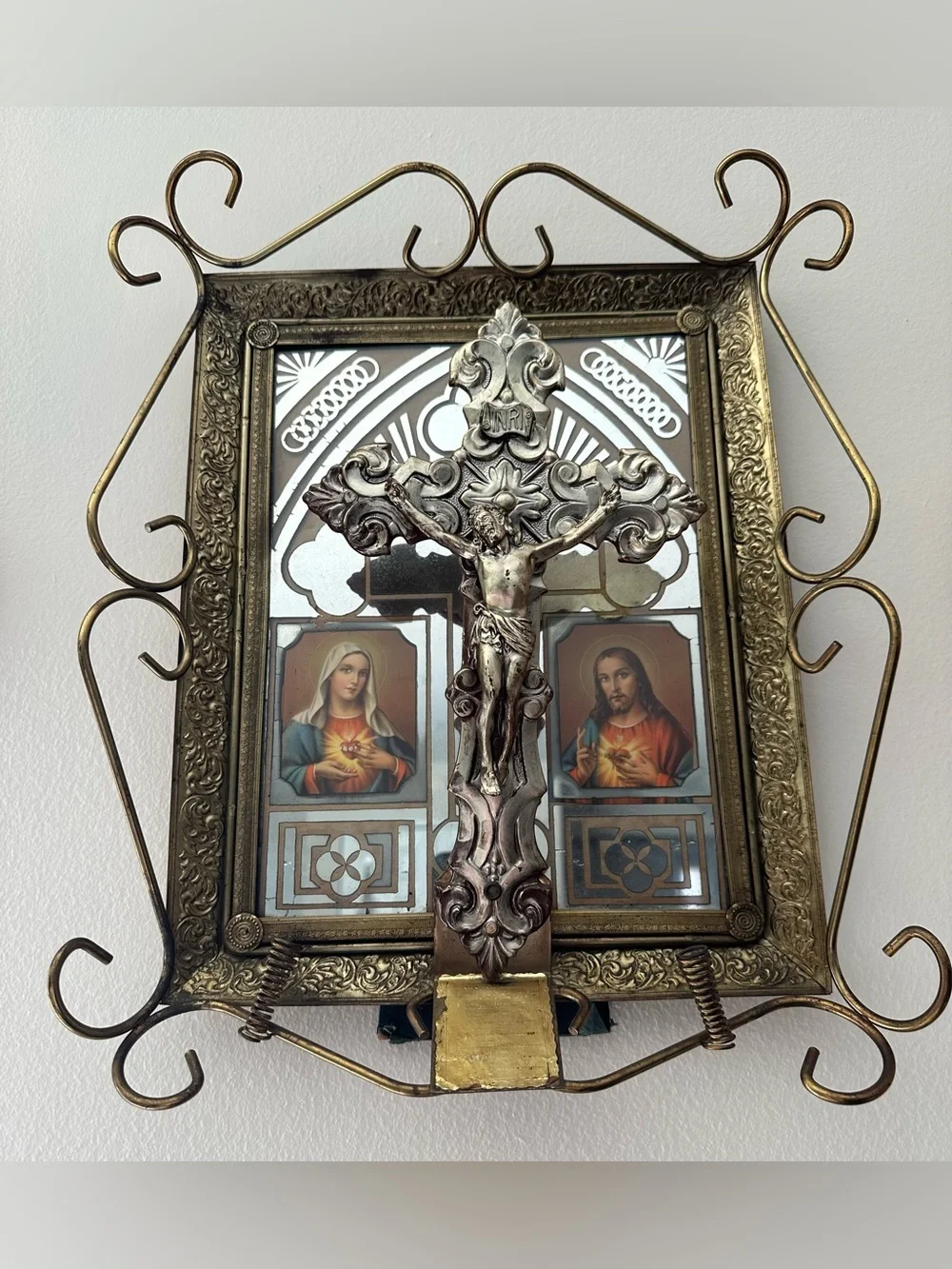 Catholic Antique Ornate Framed Reverse Painted Mirror Shrine With Crucifix